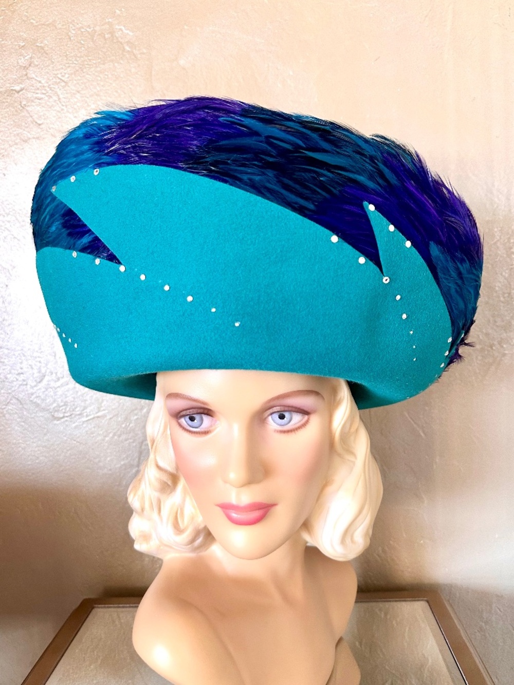 DESIGNER 1980s'/90s' AQUA & PURPLE  FELT "CHURCH" HAT + FEATHERS/RHINESTONES